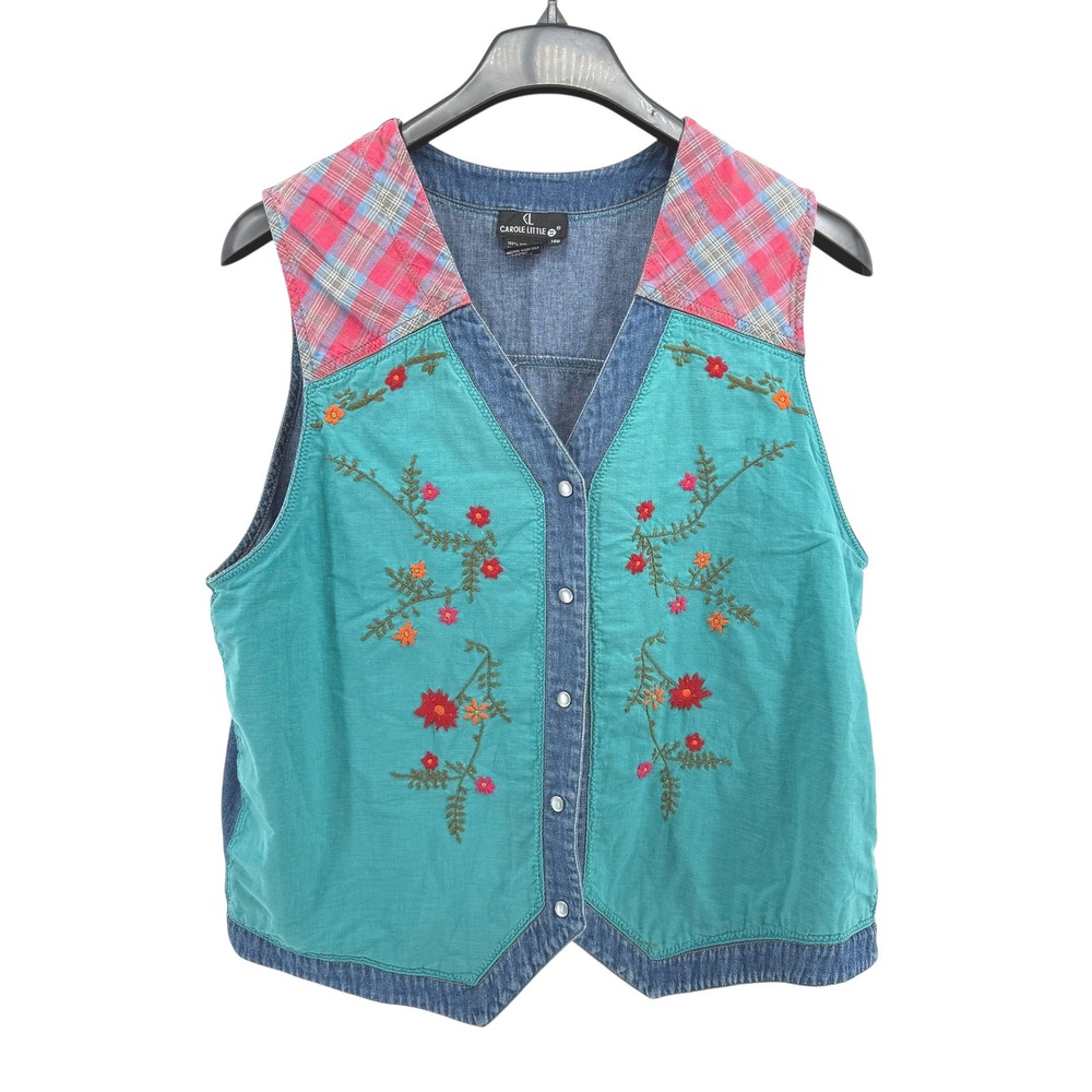 Vtg. Y2K Carole Little Floral Embroidered Denim Vest Western‎ Plaid Womens 14W